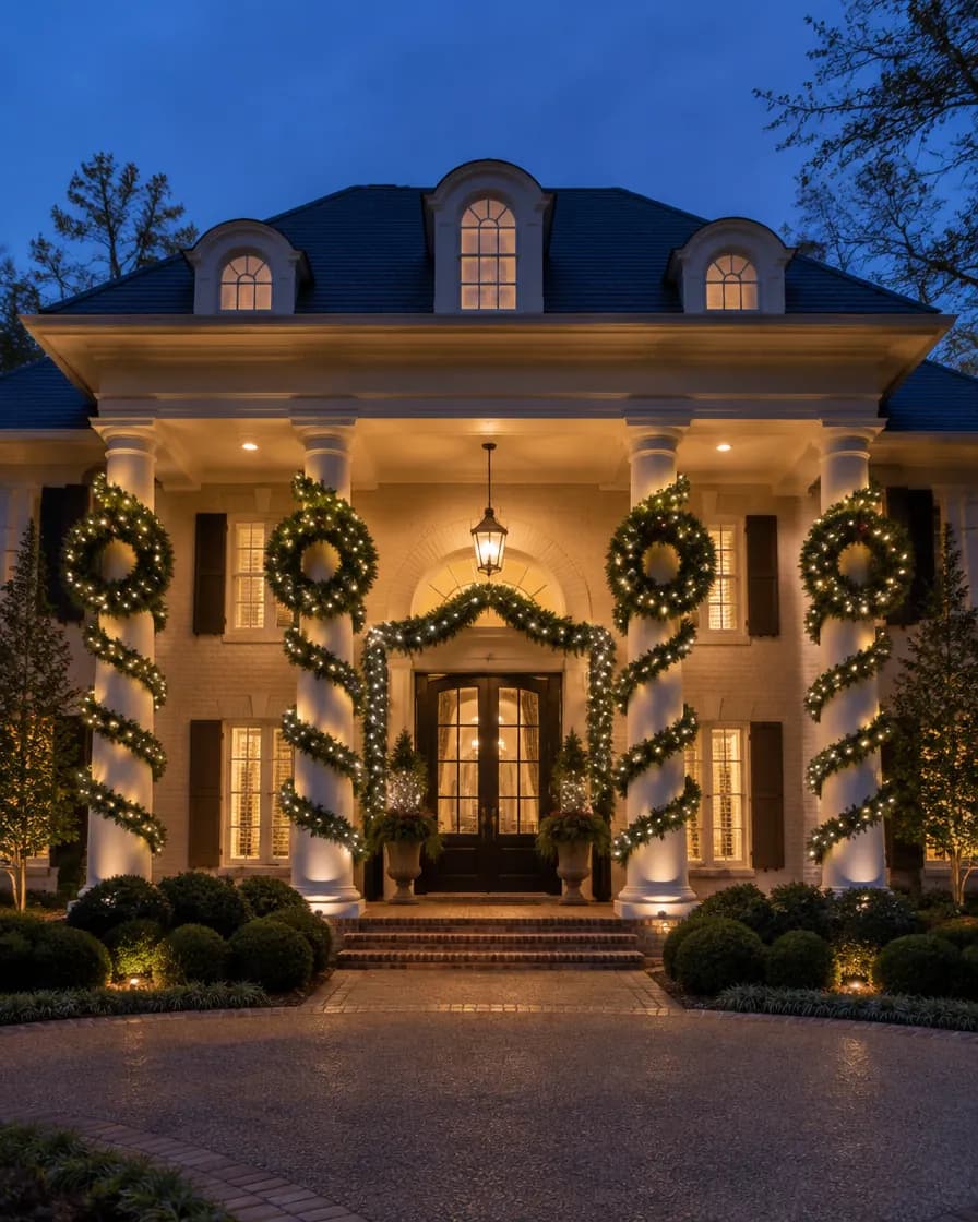 Illustration: white columns wrapped in lit garland with wreaths at a front entry