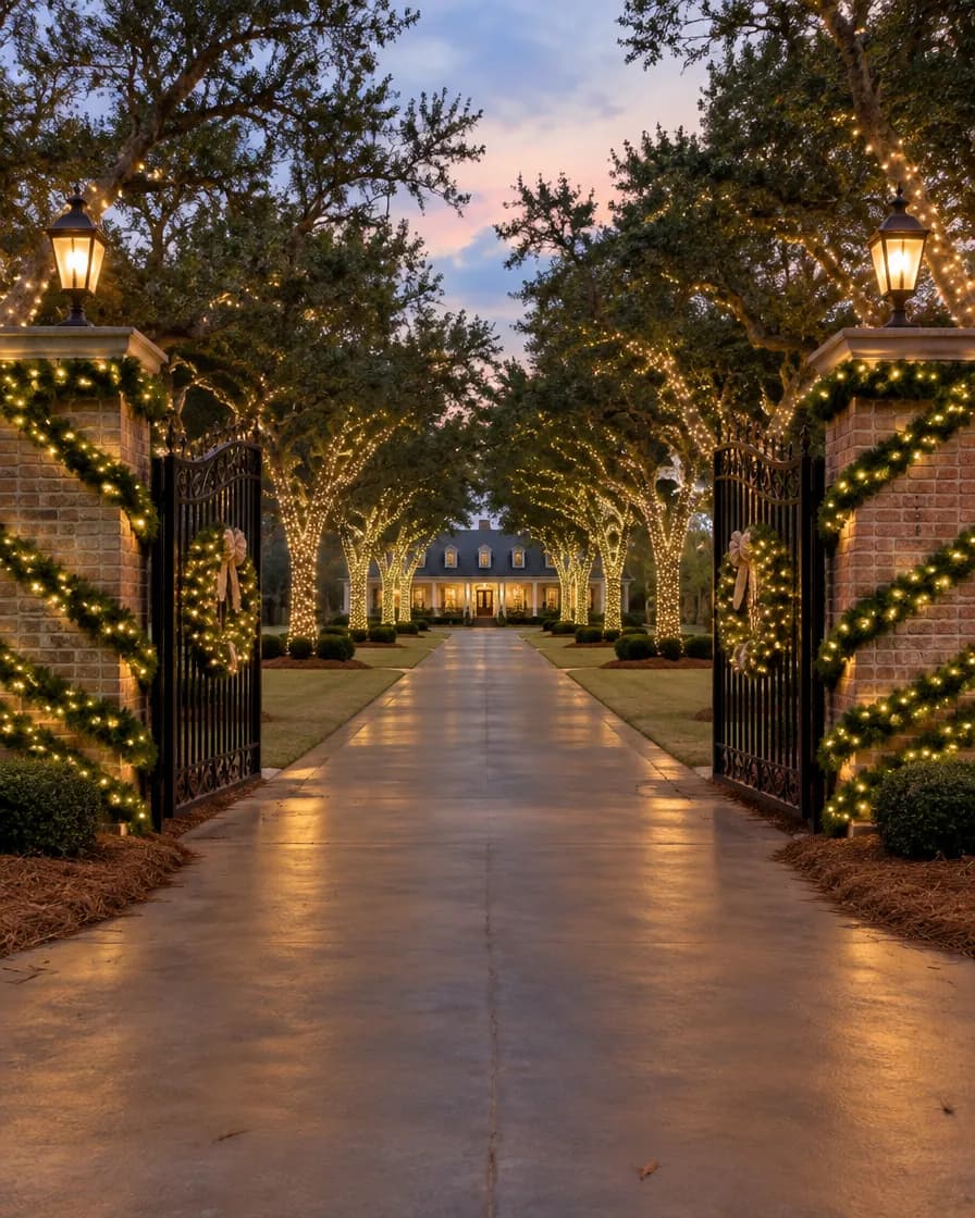 Illustration: brick gate columns wrapped in garland with wreaths, and lit trees down the drive