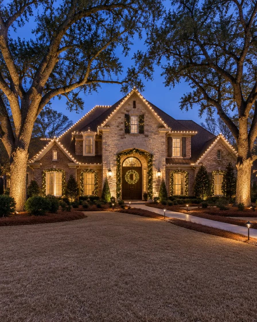 Illustration: stone and brick home with a warm white roofline, lit wreaths and landscape lighting
