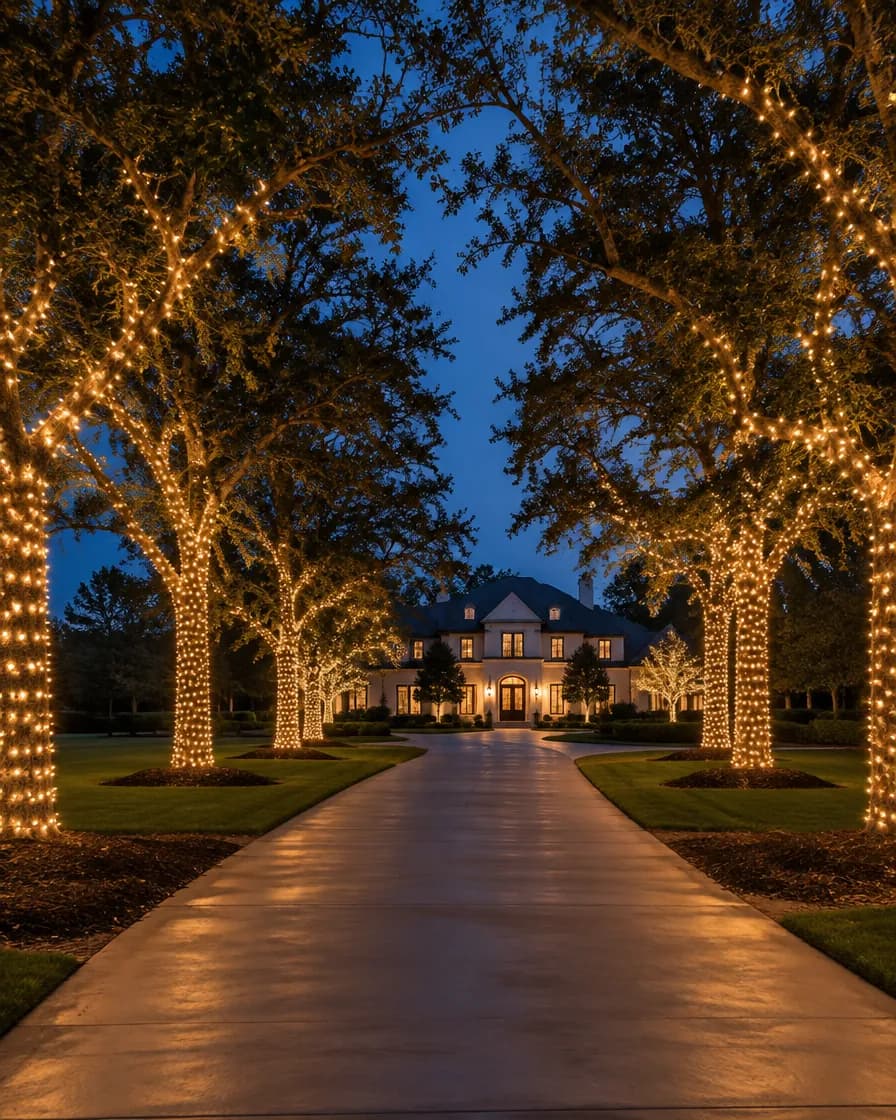 Illustration: trees along a long driveway wrapped in warm white lights